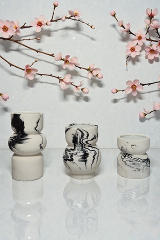 3lü Tealight Mumluk Seti - Dekoratif Beton Mumluk - Mumlar Dahildir Beyaz - Siyah