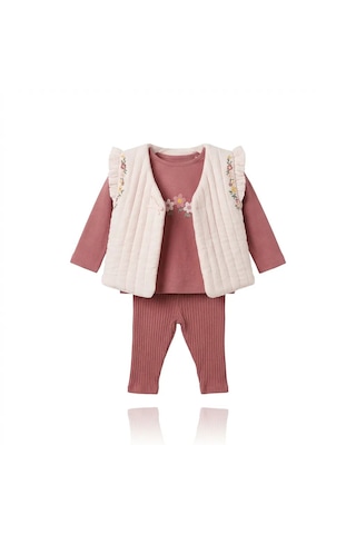 Mutlu Bebe Kız Bebek 3 Lü Takım Çiçek Desenli Bluz Pantolon Ve Yelek Şık Bebek Kıyafeti Bej