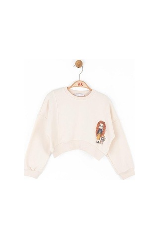 Kız Çocuk Pamuklu Oversize Kolej Sweat-15461 KREM