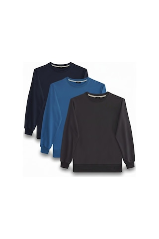 Tudors Erkek 3'lü Füme-mavi-lacivert Relax Fit Rahat Kesim %100 Pamuk 2 İplik Bisiklet Yaka Sweatshirt-46102 Çok Renkli
