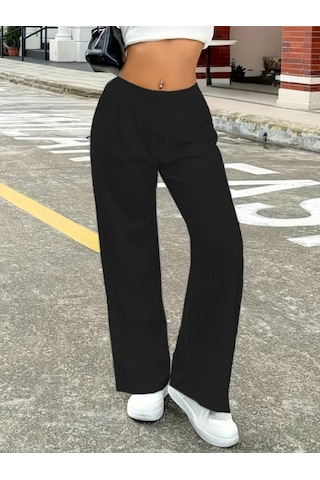 Modasize Kadın Yüksek Bel Bol Paça Bürümcük Pantolon Siyah