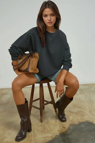 Hiccup Oversize Bisiklet Yaka Basic Sweatshirt Gri