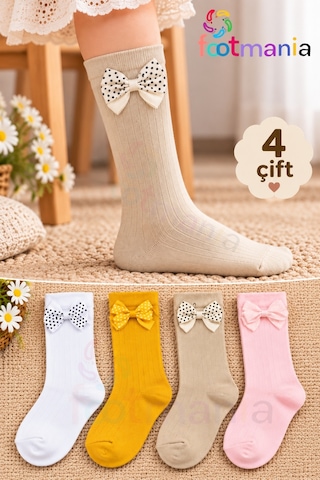 Footmania Kız Çocuk Kurdeleli 4 Çift Çorap Seti Extra Yumuşak Çok Renkli