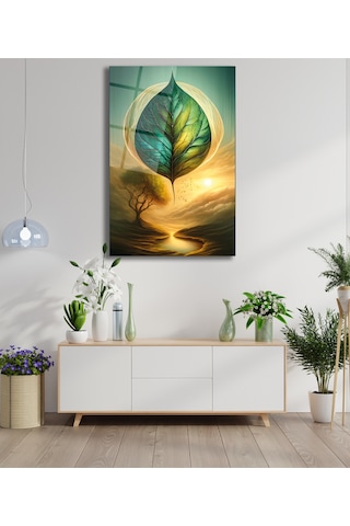 Soyut Yeşil Yaprak Dikey Cam Tablo Evlika, Modern Ev Ofis Salon Duvar Dekoru, Hediyelik Büyük Tablo Dekor