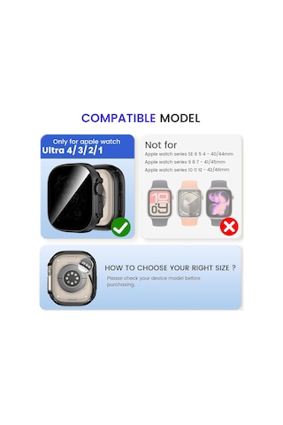 Caseonn Apple Watch Uyumlu Ultra 2 49mm Kılıf Hayalet Ekranlı Anti-spy Gizlilik Korumalı Bumper Kasa Siyah