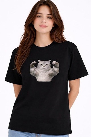 Nevermind Kadın Tişört Baskılı Kedi Desenli Basic Günlük Rahat Pamuk Siyah L