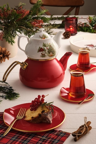 Emsan Christmas Kırmızı Emaye Midi Çaydanlık Takımı