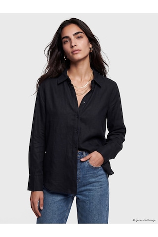 Lcw Vision Siyah Oversize Kadın %100 Keten Gömlek