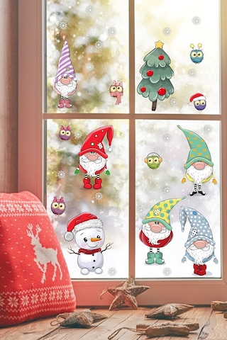 Yılbaşı Sticker Noel Cüceler Baykuş Kardan Adam Ve Kartaneleri Pencere Sticker