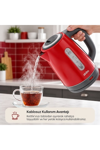 Kırmızı Çelik Kettle Su Isıtıcısı Kablosuz Kullanım 1.8lt 360 Derece Dönebilme Otomatik Kapanma