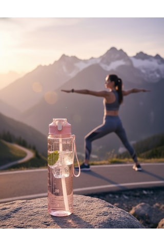 Pembe, Şeffaf Pipetli Matara 900 Ml, Sızdırmaz Kapaklı Suluk Pembe Plastik Diğer