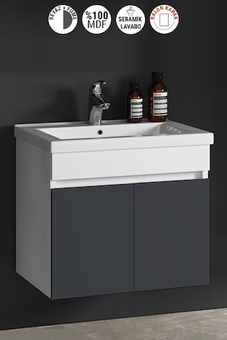Çiğdem 80 Cm Beyaz-füme Balon Mdf Seramik Lavabolu Asma Banyo Alt Dolabı Beyaz - Füme