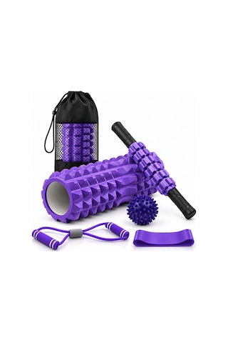Exeo Foam Roller 5 Li Masaj Egzersiz Seti Rulo Top Direnç Bandı Pilates Yoga Fitness Mor