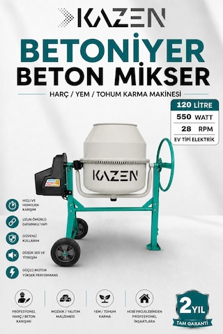 Kazen 120 Litre - Mini Betoniyer Beton Mikser Beton Harç Yem Tohum Karma Makinesi - 3. Nesil