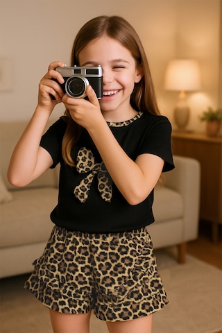 Kız Çocuk Şort Etek Takım Leopar Baskılı Fırfırlı B1 Siyah