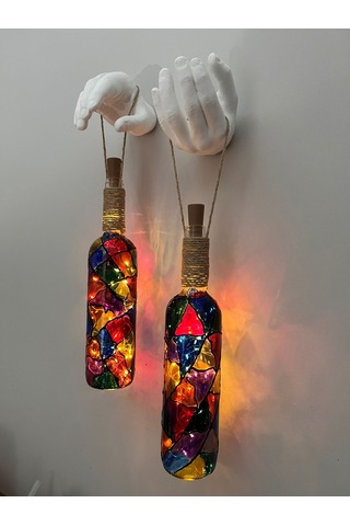 Beyaz Heykel El Dekorlu Led Işıklı Vitray Cam Şarap Şişesi Aplik Beyaz