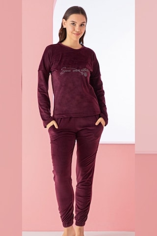 Luxury Velvet Fransız Kadife Yazı Detaylı Pijama Takımı Mürdüm