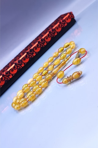 7 x 11 MM Beyzi Mustafa Uysal İmzalı Sarı Hareli Ateşi Kehribar Tesbih