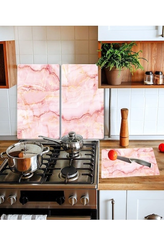 Takım Halinde Pembe Mermer 20x30 Cm Kesme Tablası Ve 60x52cm Cam