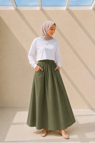 Kadın Haki Cepli Beli Lastikli Poplin Uzun Etek
