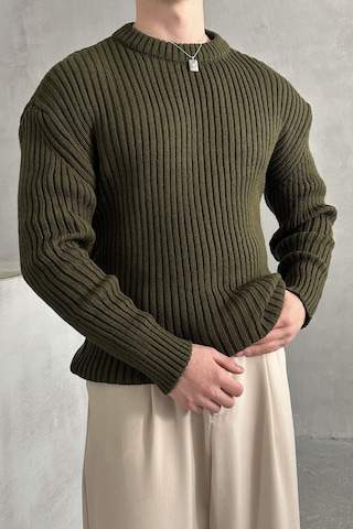 Erkek Fitilli Örme Oversize Kazak Haki