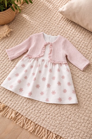 Uğur Bebe Birinci Pamuk Bolero Modeli Kız Bebek Penye Elbise Çiçek Desenli Şık Günlük & Özel Gün Pudra Pudra