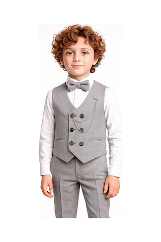 Ahengim Erkek Çocuk Modern Kesim Papyonlu Yelekli 3 Lü Set Takım Elbise Ak5350 Gri