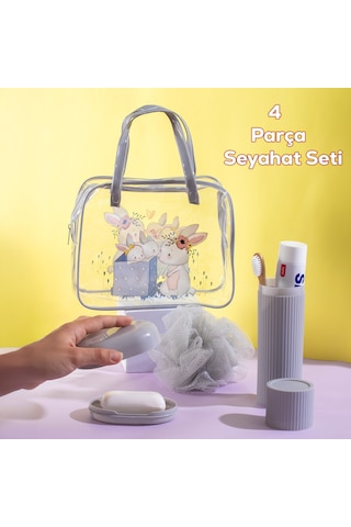 Porsima 3145 Tavşan Figürlü Seyahat Seti - Diş Fırçası Kutusu Banyo Lifi Sabun Kutusu Gri Gri