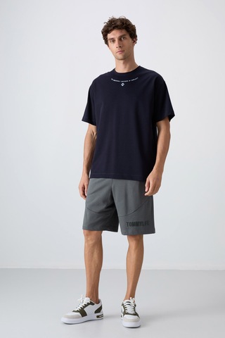 Tommy Life Lacivert Pamuklu Kalın Yumuşak Dokulu Oversize Fit Baskılı Erkek T-shirt - 88343 Lacivert