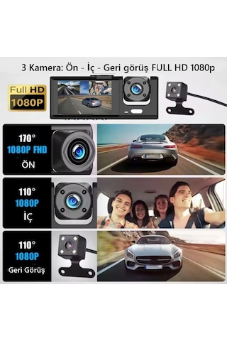 S-1 1080p Araç İçi Kamera 3 Kameralı Ön Görüş - Geri Görüş - İç Görüş Gece Görüşlü