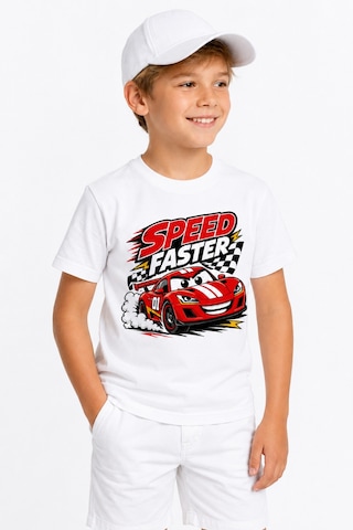 Bayloranzzo Speed Faster Kırmızı Yarış Arabalı %100 Pamuk Premium Kalite Erkek Çocuk Tişörtü Beyaz
