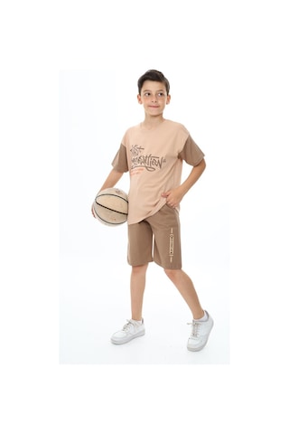 Erkek Çocuk Kısa Kollu Yazı Baskılı Şortlu Takım-5893-Kahverengi