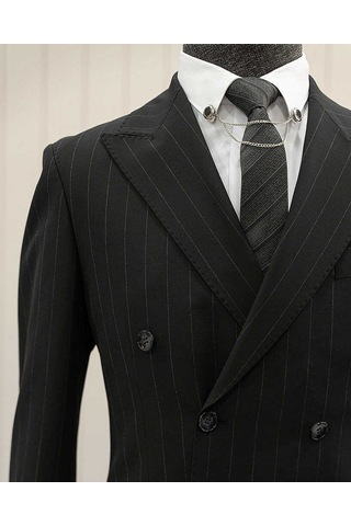 Standart Bys Beystil Sivri Yaka Siyah Çizgili Kruvaze Takım Elbise 53151 - Slim Fit