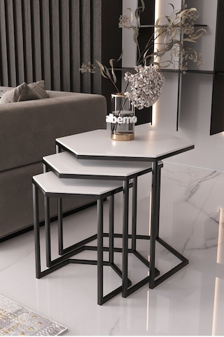 Usta Mekan Altıgen Siyah Metal Beyaz Mdf Tablalı 3lü Zigon Sehpa 6gen - Beyaz