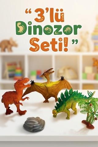3'lü Dinozor Seti - Ağaç Ve Kaya Aksesuarlı Gerçekçi Oyuncak Hayvan Figürleri - Eğitici Oyun Seti Hayvanlar