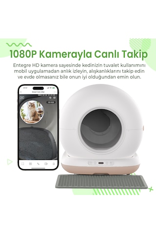 Haustier Cb002 Bej Kameralı Akıllı Otomatik Kedi Tuvaleti, App İle Uzaktan Kontrol, 72lt Hazne, 7lt Çöp Haznesi