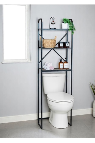 Metal Ayaklı 3 Raflı Banyo Rafı Klozet Üstü Dekoratif Raf Siyah