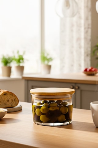 Feel - 4'lü Kare Tepsili Bambu Vakumlu Kapaklı Cam Kahvaltılık Çerezlik Saklama Kabı 220 ml
