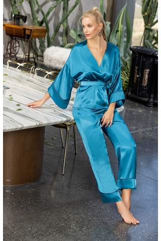 Laperissa Kadın Turkuaz Saten Kuşaklı Pijama Takımı Kimono Kol Detaylı Şık Ve Rahat 2 Li Set Turkuaz