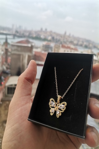 Ervanur Altın Kaplama Beyaz Zirkon Taşlı Kelebek Kolye Altın