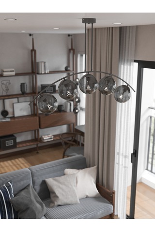 Lal Modern Siyah 5 Li Füme Cam Küre Avize Yay Formlu