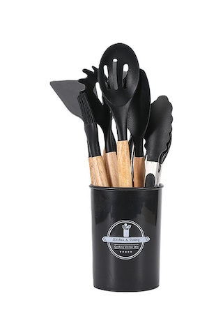 Geeroyoo Ahşap Saplı Silikon Mutfak Gereçleri 12'li Set - Teflon Tencere Uyumlu, Lavabo Güvenli, Organizasyon Kova İle Siyah Diğer