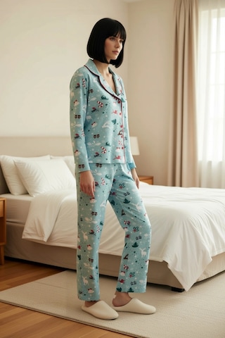 Benerly Kadın Gömlek Yaka Uzun Kol Fitted Kışlık Örme Pijama Takımı Fonks Turkuaz