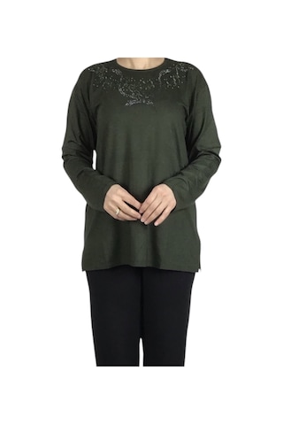 Kadın Yakası Taşlı Likralı Büyük Beden Bluz Arpbattal1 Haki