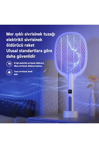 Dijital Ekranlı Şarjlı Sinek Raketi Usb Type-c Elektrikli Standlı El Tipi Mor Işıklı Sivrisinek Öldürücü Black