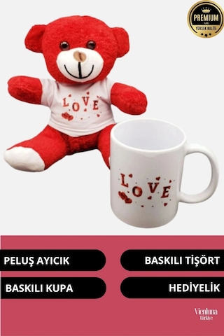 Özel Tasarım Sevgililer Doğum Günü Özel Kaliteli Romantik Love Baskılı Kupa Kırmızı Ayıcık Seti