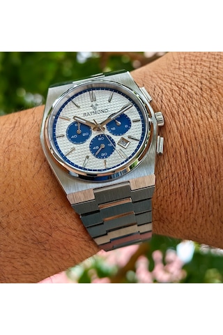 Raymond Kronograf Seri Mavi Detaylı Çelik Erkek Kol Saati Gümüş