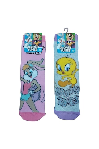 2'li Looney Tunes Tabanı Kaydırmaz Kışlık Havlu Çocuk Çorap-pembe-gri