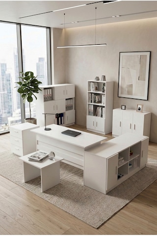 Yurudesign Vario Abcdefg2 Ofis Büro Masa Takımı Çalışma Masası 4 Kitaplık Dolap Keson Sehpa Beyaz Makam Takımı
