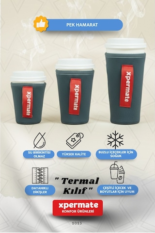 Xpermate Termal İçecek Kılıfı Sıcak & Soğuk Tutan Kahve Termal Kılıf 0,47l Gri